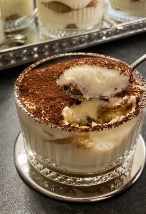 Creamy tiramisu cup with cocoa powder on top and a spoonful showing layers of custard cream and coffee-soaked ladyfingers