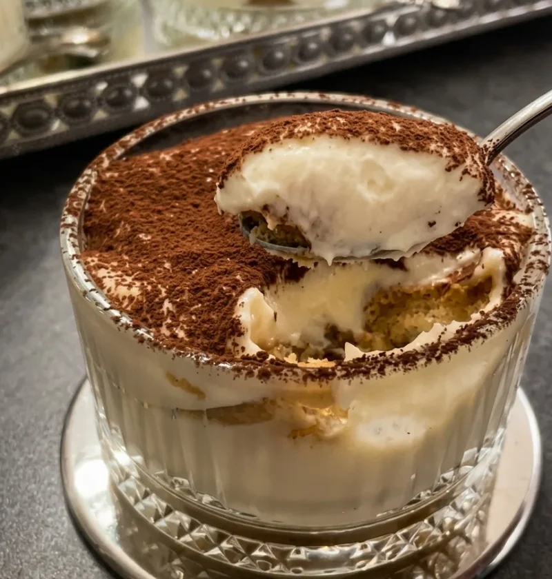 Creamy tiramisu cup with cocoa powder on top and a spoonful showing layers of custard cream and coffee-soaked ladyfingers