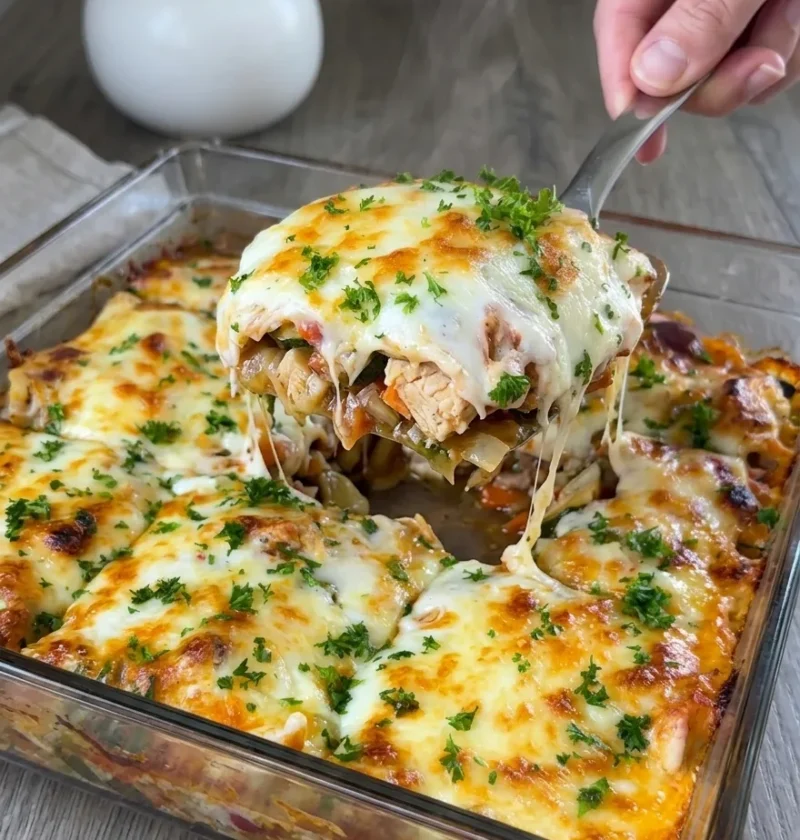 Loaded chicken potato bake with bechamel and melted cheese being served from a glass baking dish