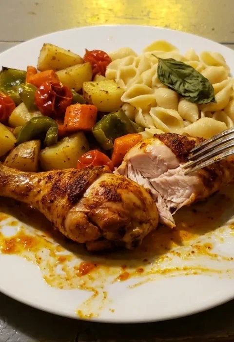 Marinated baked chicken drumsticks with roasted vegetables and pasta on a plate