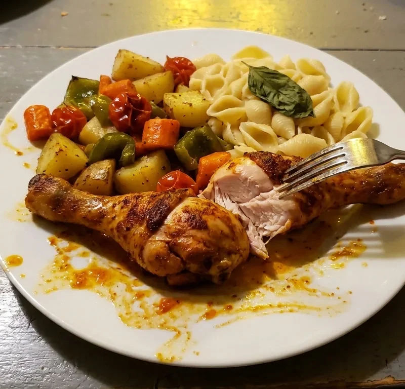 Marinated baked chicken drumsticks with roasted vegetables and pasta on a plate