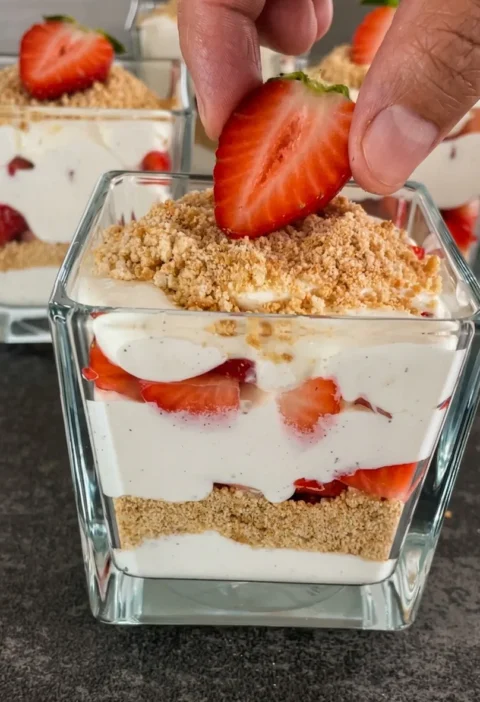 No bake strawberry dessert cups with layered mascarpone cream, crushed biscuits, and fresh strawberries in glass cups