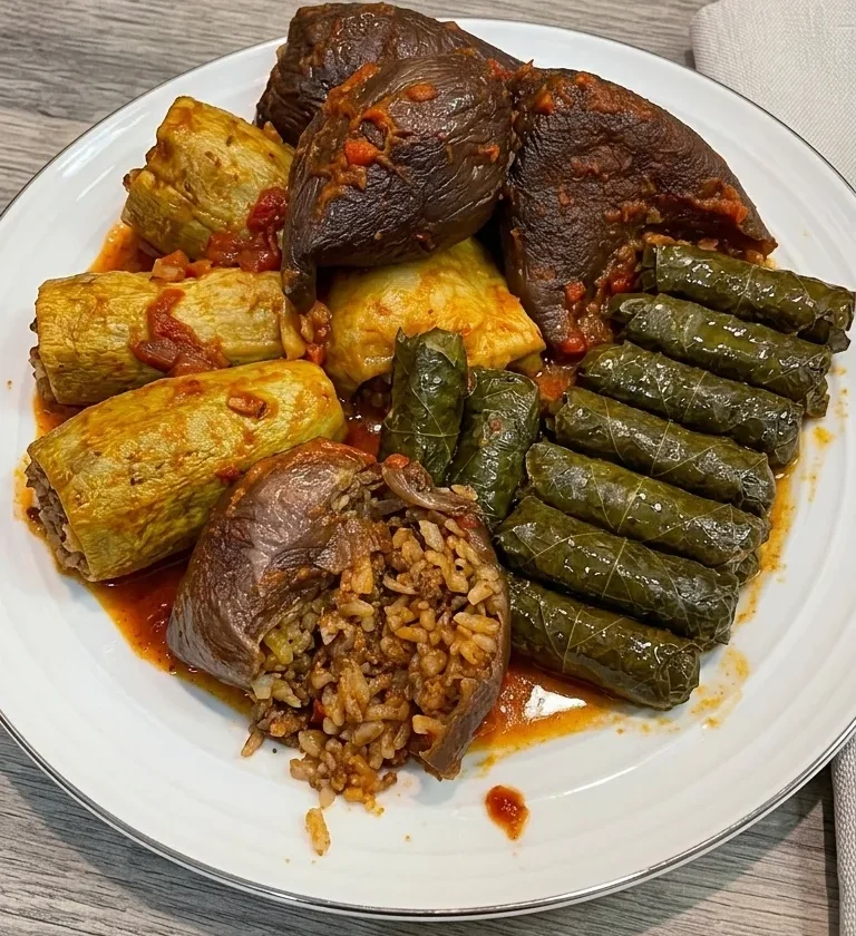 Stuffed dried vegetable dolma with eggplant zucchini and grape leaf rolls on a white plate